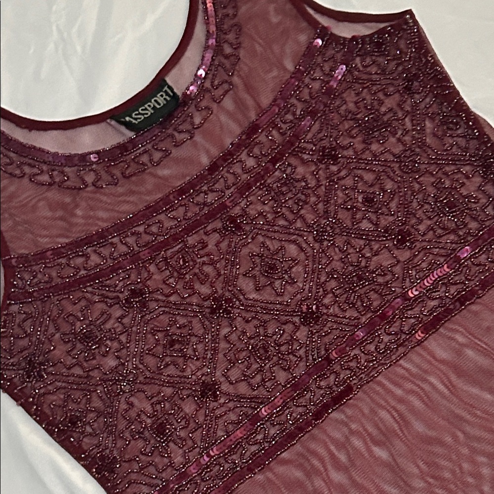 Passport  Vintage 90s Burgundy Beaded and Sequined Embellished Sheer Tank Top - Picture 13 of 14